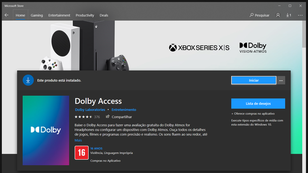 Você pode encontrar o Dolby Access gratuitamente na Microsoft Store (Captura: Canaltech/Felipe Freitas)