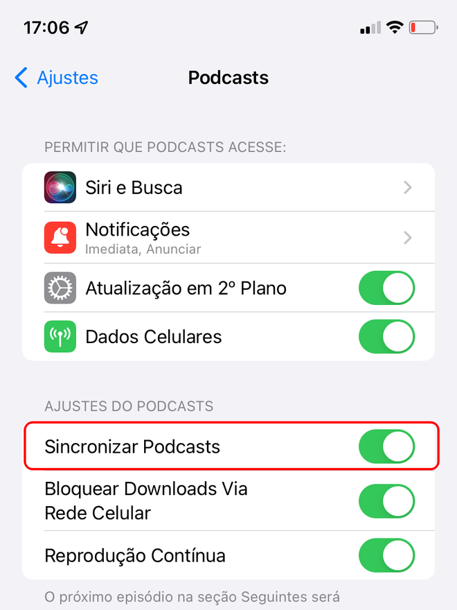 Verifique se o app Podcasts está permitindo sincronização - Captura de tela: Thiago Furquim (Canaltech)