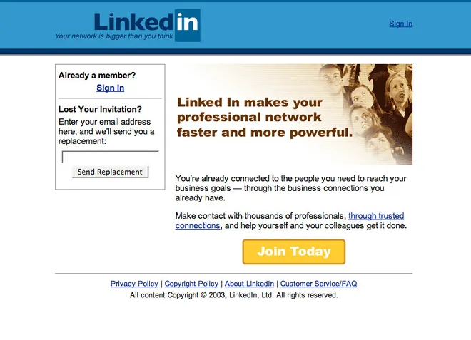 Este era o visual do LinkedIn quando foi lançado, em 2003 (Imagem: Reprodução/Web Design Museum)