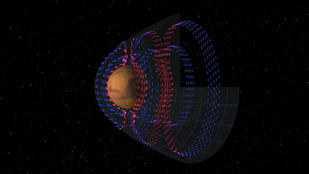 Visualização científica das correntes elétricas em torno de Marte (Imagem: NASA/Goddard/MAVEN/CU Boulder/SVS/Cindy Starr)
