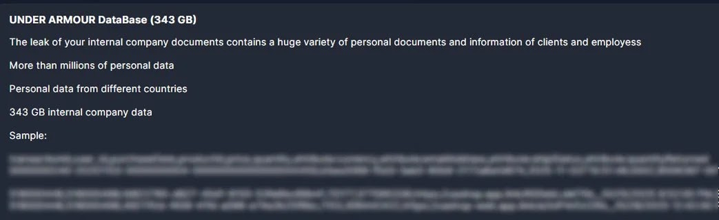 Comunicado do grupo Everest sobre o hacking na Under Armour: na parte borrada, está uma amostra dos dados expostos pelos cibercriminosos (Imagem: CyberPress/Everest)