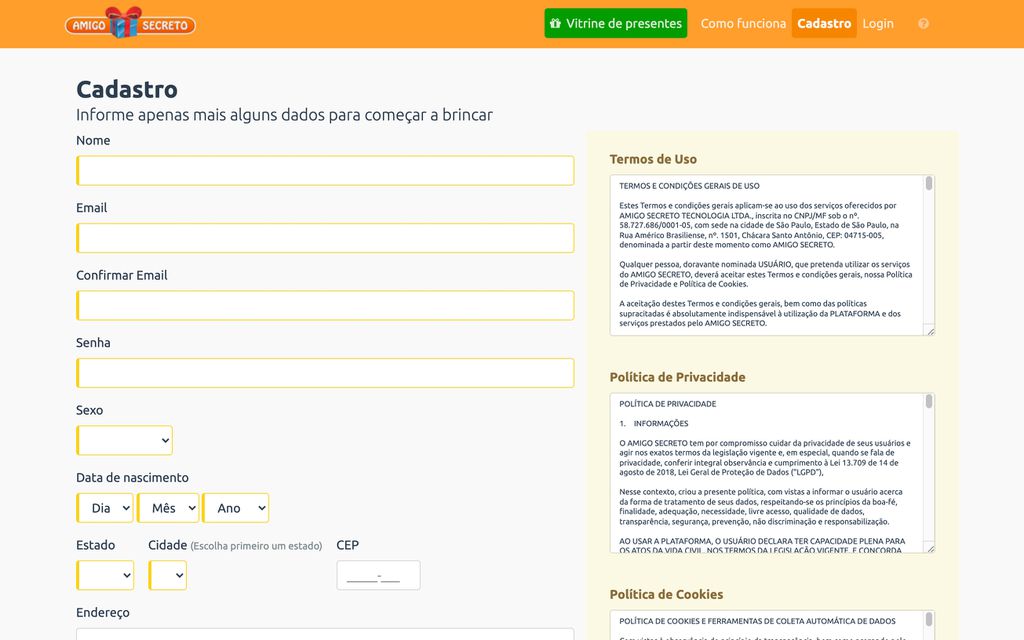 Cadastre-se no site para começar a criar listas de presente de Amigo Secreto (Captura de tela: Caio Carvalho)