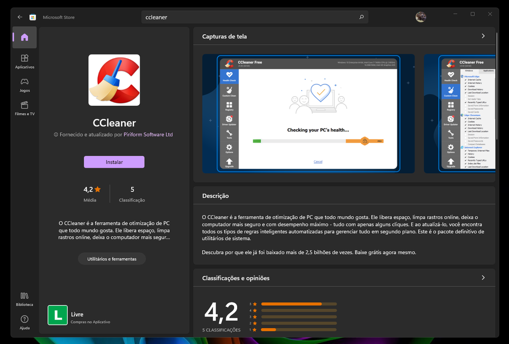 O Ccleaner está disponível para download na Microsoft Store e terá atualizações fornecidas diretamente pela Piriform (Captura: Igor Almenara/Canaltech)