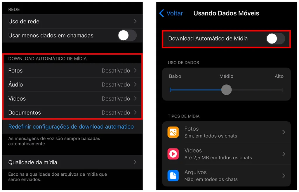 WhatsApp e Telegram permitem bloquear download automático de mídia (Captura de tela: Caio Carvalho)