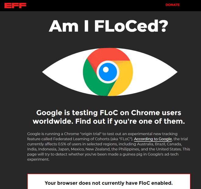 Já checou se o seu browser está sendo monitorado via FLoC? (Imagem: Reprodução/AmIFLoCed)