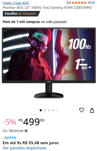 PARCELADO | Monitor AOC 22" 100Hz 1ms HDMI 22B35HM2 - Canaltech Ofertas