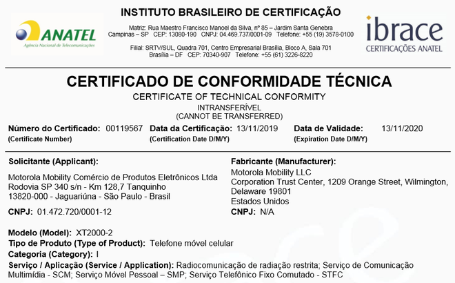 Certificado do Motorola Razr (Imagem: Reprodução/Anatel)