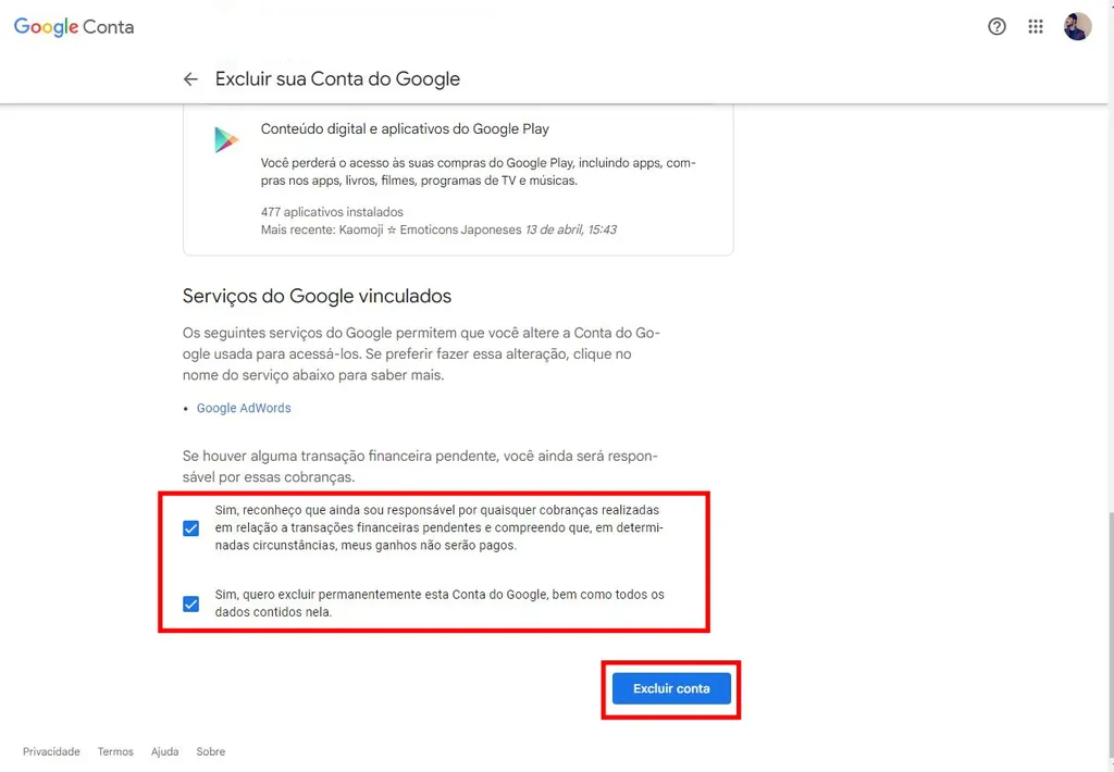 Leia atentamente todos os avisos antes de excluir uma conta do Google (Imagem: Captura de tela/Fabrício Calixto/Canaltech)