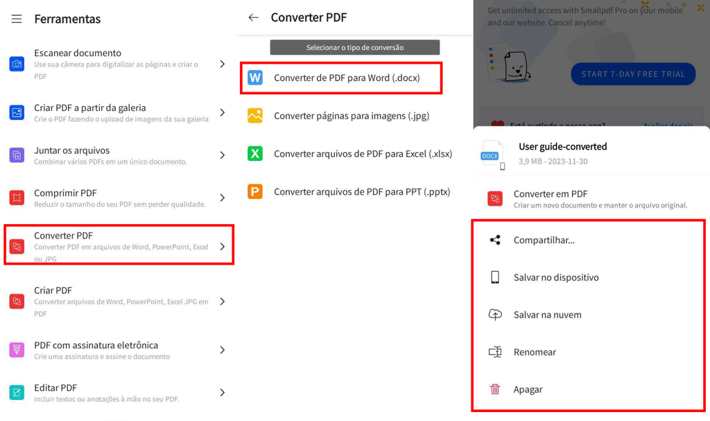 Quem tem um celular ou tablet pode baixar o app SmallPDF para converter PDF em Word (Imagem: Captura de tela/Fabrício Calixto/Canaltech)