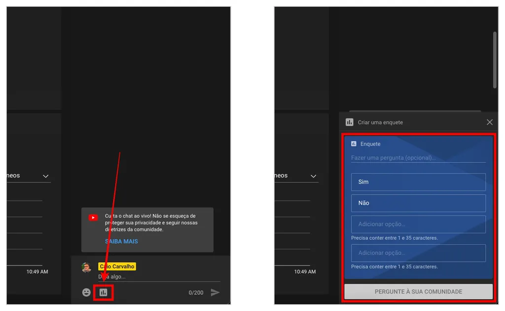 Como fazer enquete no YouTube durante uma live: enquetes podem ter até 4 opções de resposta (Captura de tela: Caio Carvalho)