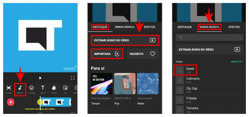 O InShot permite adicionar sons originais na suas edições e, além disso, extrair o áudio de outros vídeos no processo (Imagem: Matheus Bigogno/Captura)