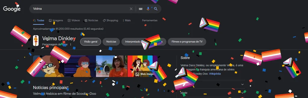 Pesquise por "Velma" no Google e veja sua tela recheada de bandeiras da comunidade LGBTQIA+ (Imagem: Igor Almenara/Canaltech)