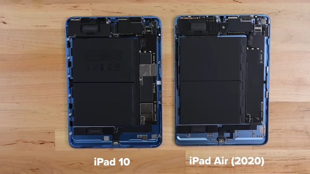 O iPad 10 é extremamente similar ao iPad Air de 2020, mas com cortes como a ausência da bobina de recarga da Apple Pencil (Imagem: iFixit/YouTube)
