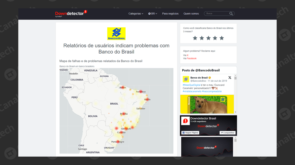 Falhas no Banco do Brasil são notificadas em diversos estados brasileiros (Imagem: Reprodução/Downdetector)