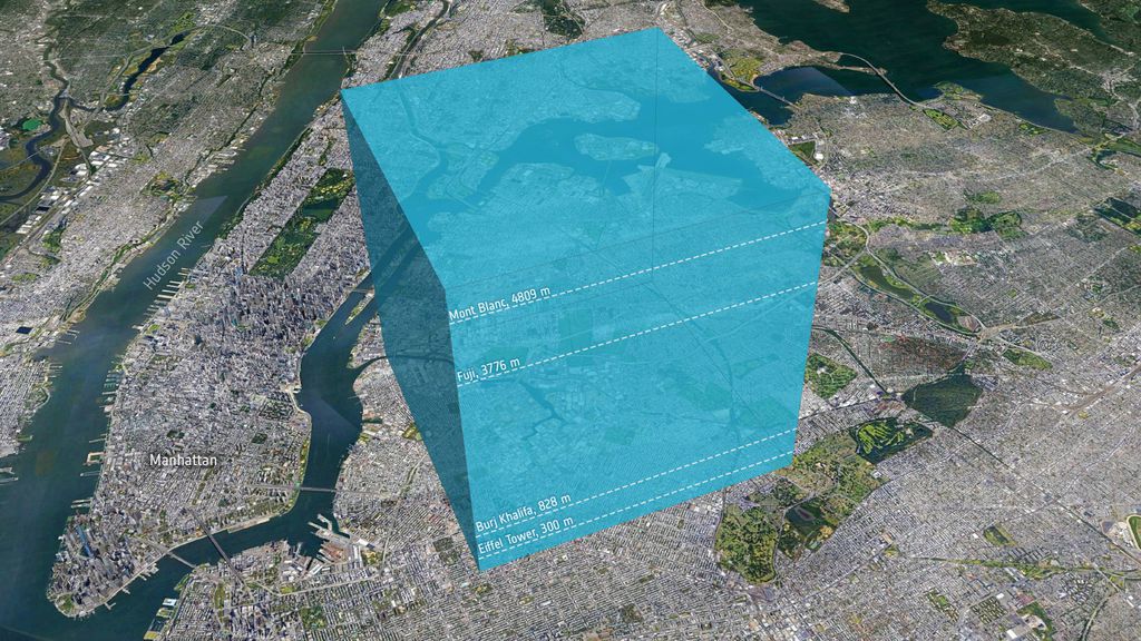 O cubo, que representa a quantidade de água doce liberada pelo iceberg, tem dimensões de 5,3 km por 5,3 km, posicionado ao lado de Manhattan (Imagem: Reprodução/CPOM/ESA)