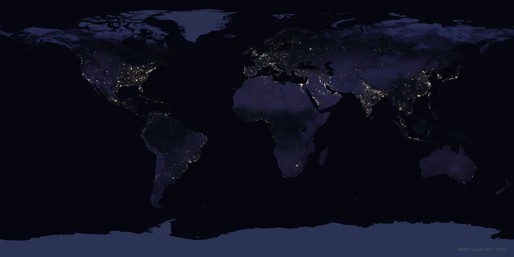 Imagem da Terra durante a noite, produzida a partir de centenas de fotos reunidas (Imagem: Reprodução/NASA, Suomi NPP VIIRS/Miguel Román (NASA GSFC)/Joshua Stevens)