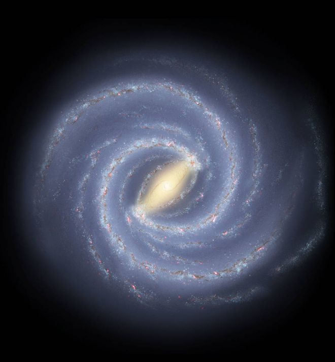 Nesta imagem da Via Láctea, podemos ver como o núcleo parece denso, pois está repleto de estrelas antigas. O núcleo da galáxia A2261-BCG é muito maior e mais difuso (Imagem: Reprodução/NASA/JPL-Caltech/R. Hurt)