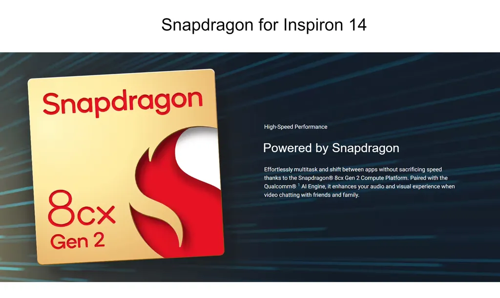 O site da Dell faz menção ao "Snapdragon for Inspiron 14", sugerindo que há otimizações dedicadas ao novo laptop (Imagem: Reprodução/Dell)