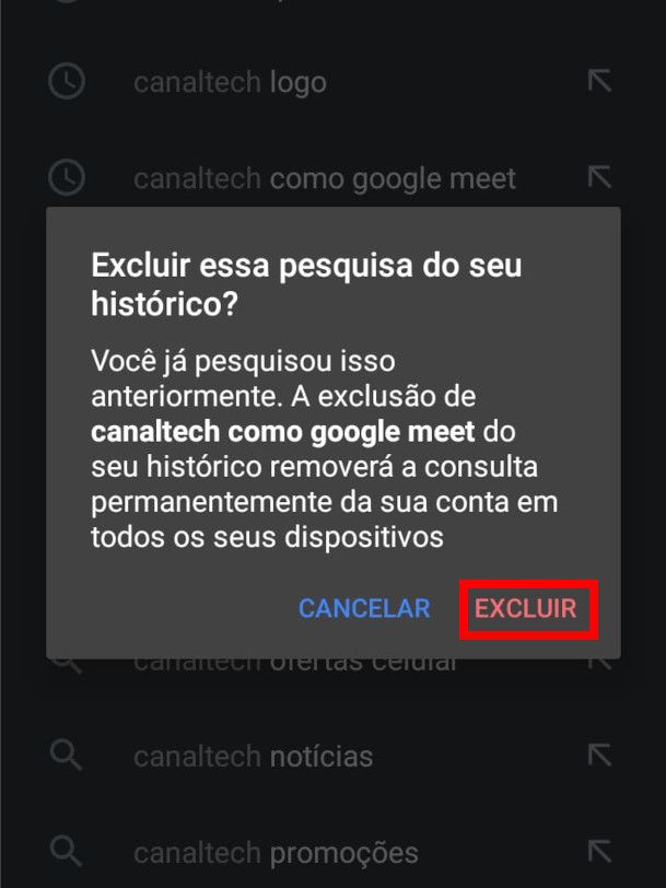Clique em "Excluir" para remover sugestões de pesquisa do Google (Captura de tela: Matheus Bigogno)