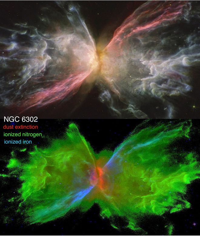A imagem superior da nebulosa NGC 7027 é um empilhamento de diferentes comprimentos de onda para transformar os dados em uma imagem "realista"; a inferior mostra duas linhas de emissão de hidrogênio, nitrogênio e ferro em comprimentos de onda adequados para analisar esses elementos (Imagem: Reprodução/STScI, APOD/J. Schmid/tJ. Kastner)