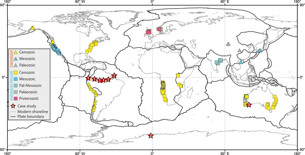 Mapa com os locais de coleta das amostras de zircão (Imagem: Reprodução/Milo Barham et al.)