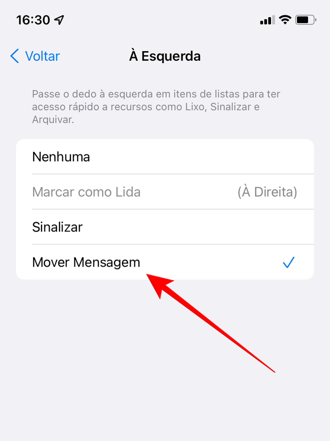 Escolha o novo gesto de deslizar no app Mail - Captura de tela: Thiago Furquim (Canaltech)