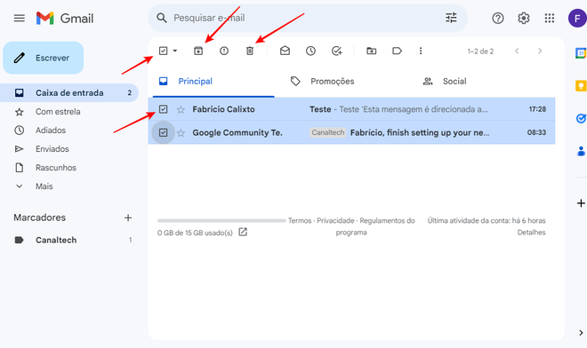 O Gmail permite arquivar ou deletar e-mails com opções bem acessíveis (Imagem: Captura de tela/Fabrício Calixto/Canaltech)