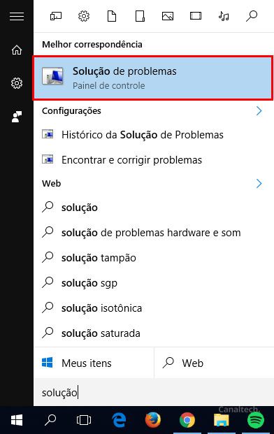 Procure pela ferramenta de Solução de Problemas do Windows no Menu Iniciar