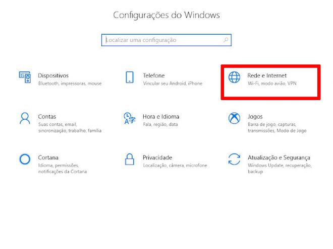 Abra o menu "Configurações" do Windows 10 e escolha a opção "Rede e Internet" (Captura de tela: Matheus Bigogno)