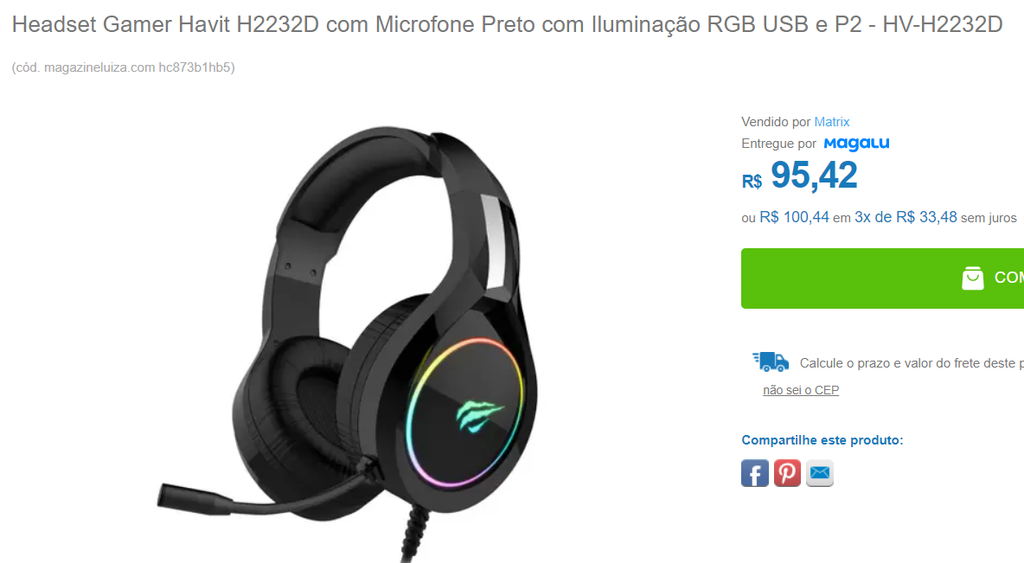 Headset Gamer Havit H2232d Com Microfone Preto Com Iluminação Rgb Usb E