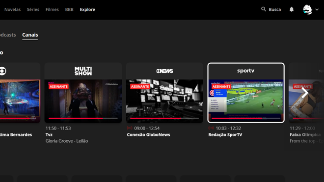 Globoplay possui espaço para transmissão ao vivo de canais abertos e fechados (Imagem: Captura de tela/Canaltech)