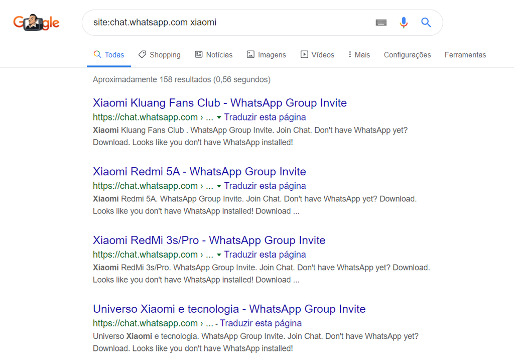 Resultados de busca de grupos do WhatsApp com a palavra Xiaomi no nome (Captura de tela: Felipe Junqueira/Canaltech)