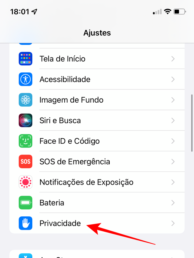 Abra a seção de "Privacidade" nos ajustes do iPhone - Captura de tela: Thiago Furquim (Canaltech)