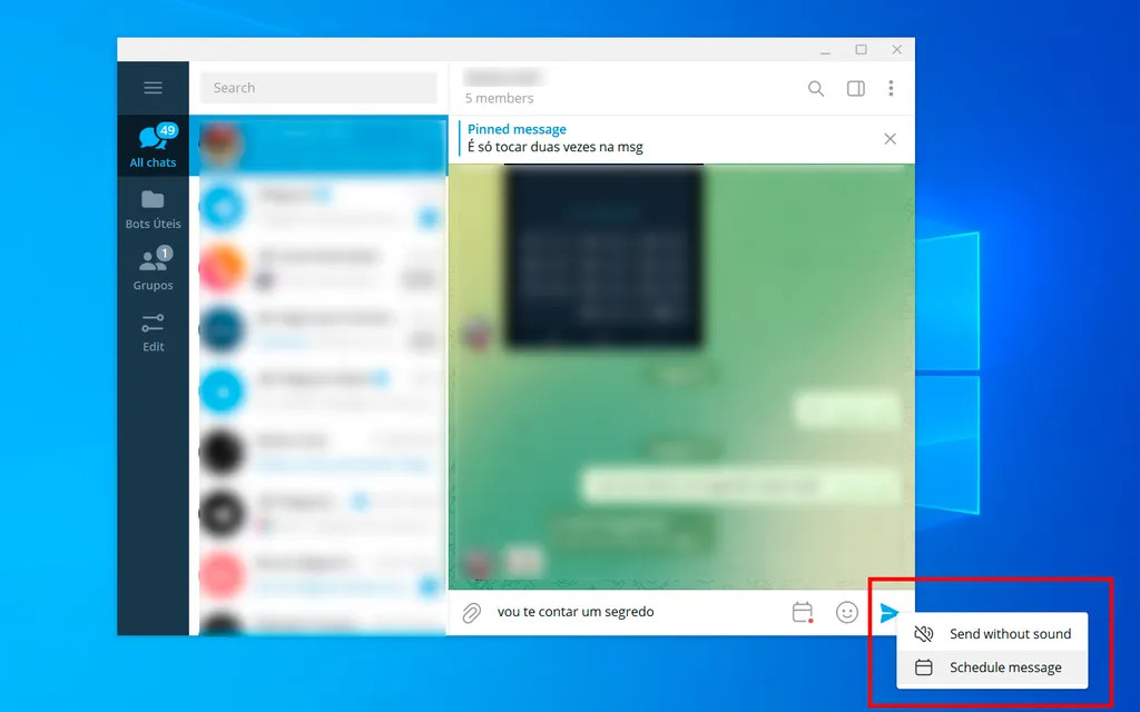 Agende uma mensagem pelo Telegram no computador (Captura de tela: André Magalhães)