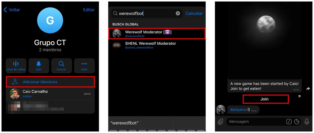 Adicione o bot @werewolfbot para jogar lobinho no Telegram (Captura de tela: Caio Carvalho)