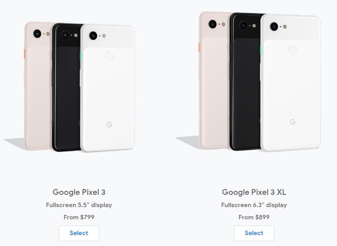 Preço dos Pixel 3 e Pixel 3XL na loja virtual da Google (Imagem: Google)