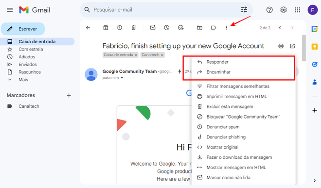 Você pode responder e encaminhar mensagens no Gmail dentro do mesmo menu (Imagem: Captura de tela/Fabrício Calixto/Canaltech)