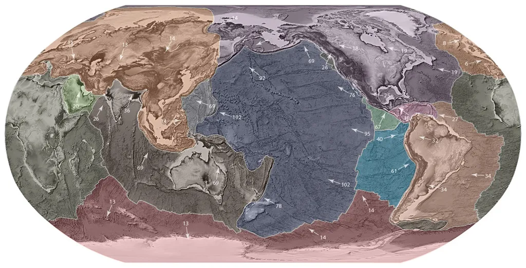 Principais placas tectônicas da Terra e suas respectivas direções de deslocamento (Imagem: Reprodução/NOAA)