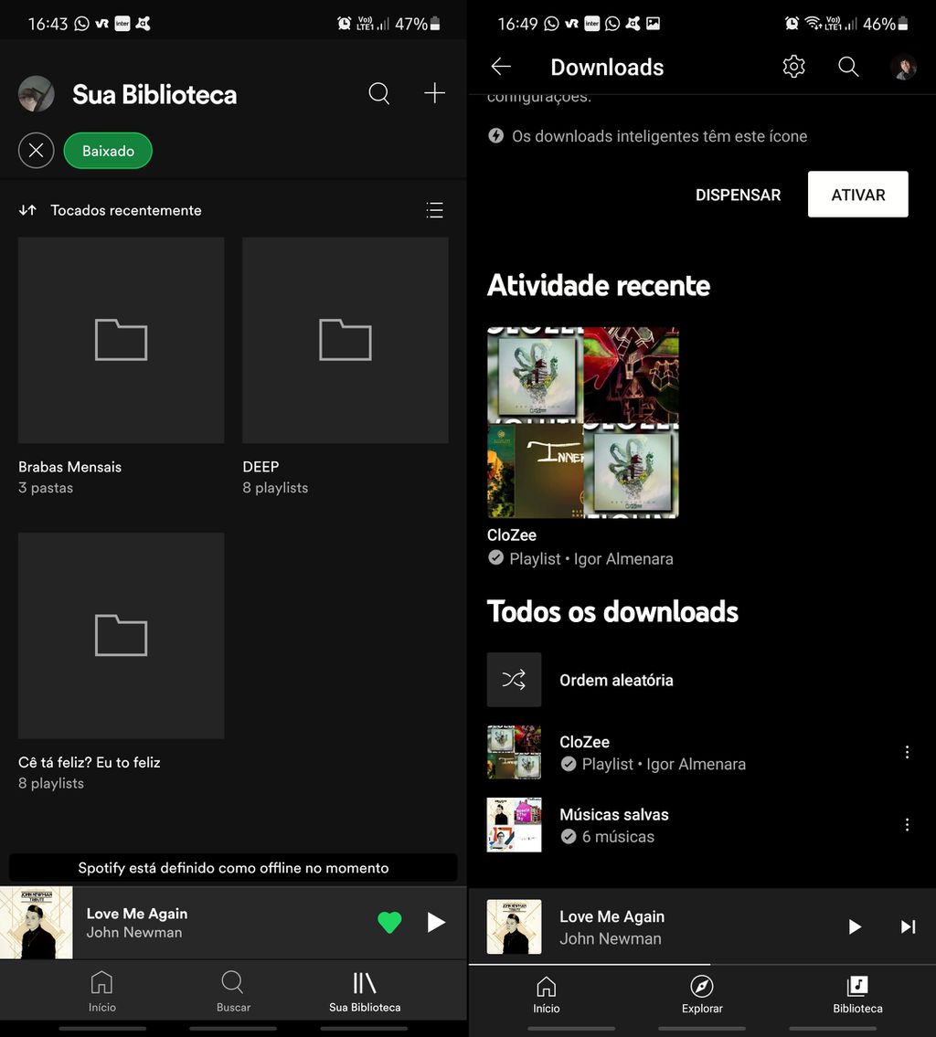 Filtro para músicas baixadas já está disponível na aba "Sua Biblioteca" do Spotify à esquerda; "Biblioteca" do YT Music à direita (Captura: Igor Almenara/Canaltech)