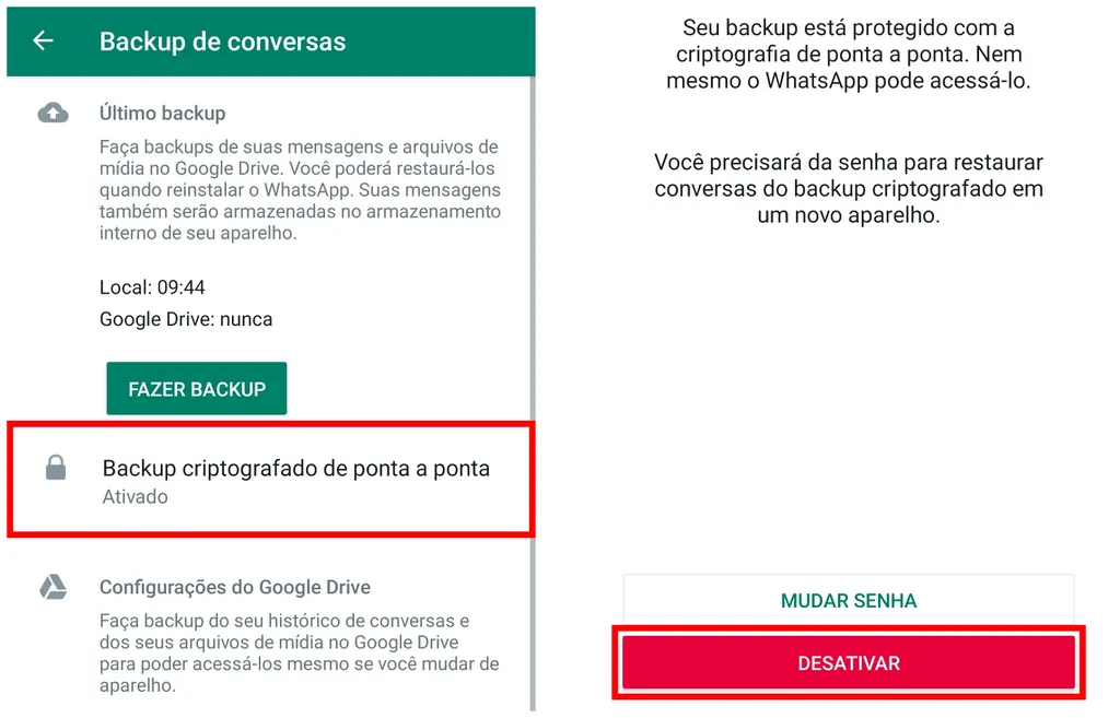 Também é possível desativar backup criptografado do WhatsApp (Captura de tela: Caio Carvalho)