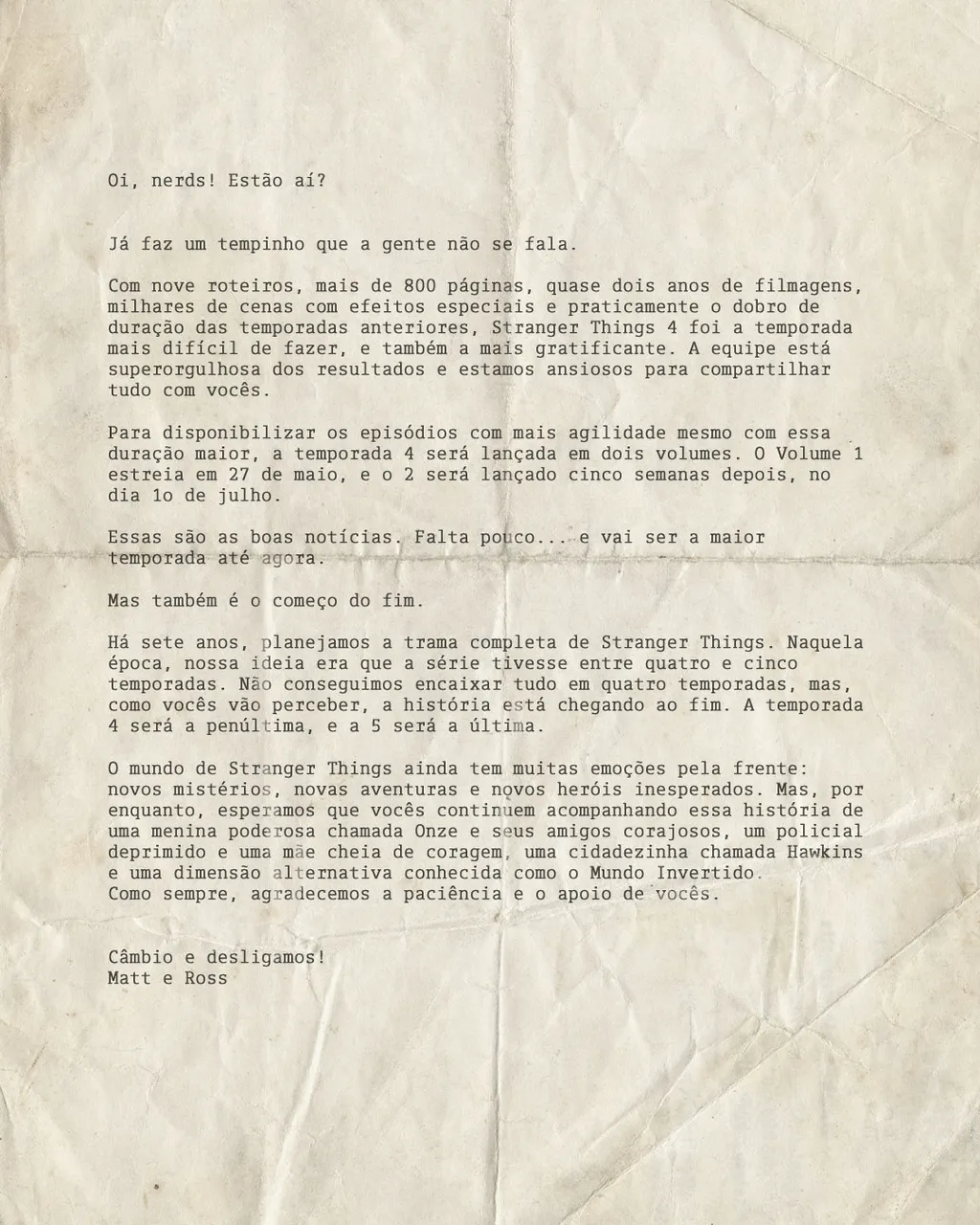 Carta aberta dos irmãos Duffer aos fãs (Imagem: Divulgação / Netflix)