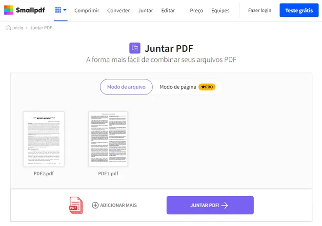 O SmallPDF permite juntar arquivos PDF diretamente no navegador (Imagem: Captura de tela/Fabrício Calixto/Canaltech)
