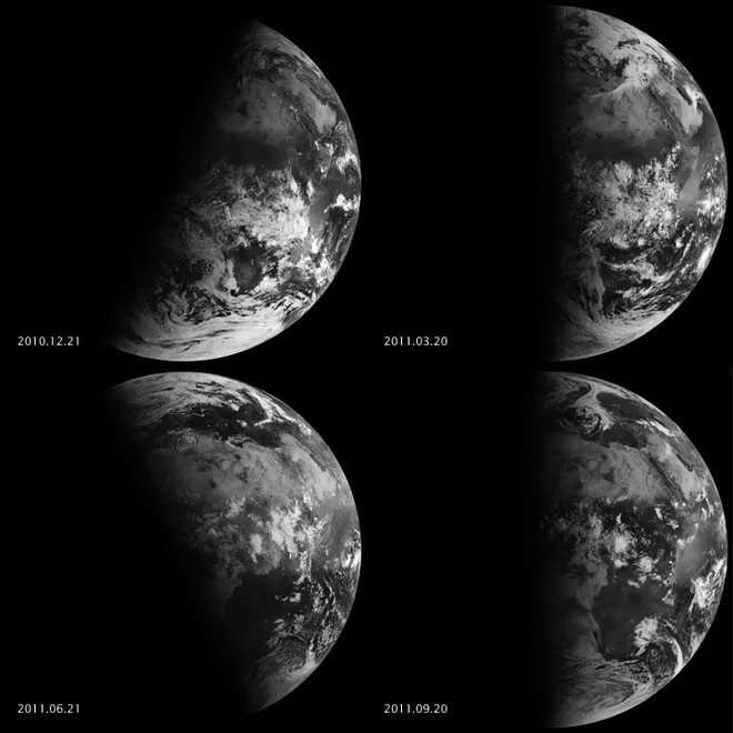 À esquerda, solstícios, e à direita, equinócios — é nesses momentos que mudam as estações do ano (Imagem: NASA/Robert Simmon)