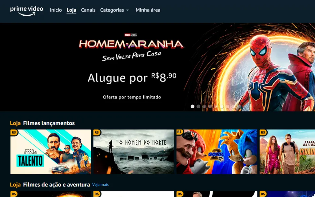 Além do catálogo por assinatura, Amazon Prime Video também permite alugar filmes (Captura de tela: André Magalhães)