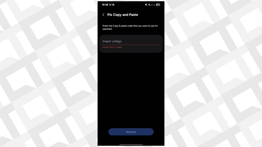 Samsung Wallet mostra página em inglês para fazer Pix através do Copia e Cola (Imagem: Captura de tela/Bruno De Blasi/Canaltech)