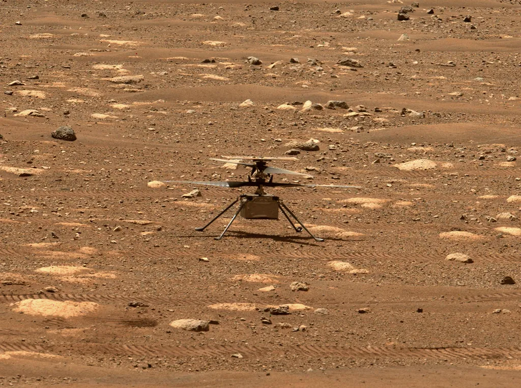 Helicóptero Ingenuity na superfície de Marte. (Imagem: NASA / JPL)