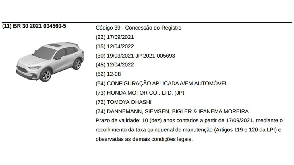 Honda HR-V que foi lançado nos Estados Unidos ganhou registro no Brasil (Imagem: Reprodução/INPI)