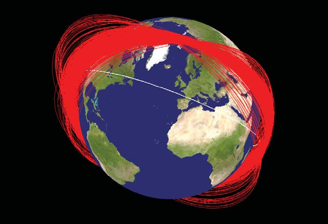 Representação das órbitas dos detritos do satélite um mês após a execução do teste (Imagem: Domínio público)