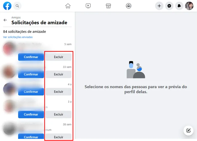 Clique no botão “Excluir” para remover uma solicitação de amizade que enviaram para você (Imagem: Captura de tela/Fabrício Calixto/Canaltech)
