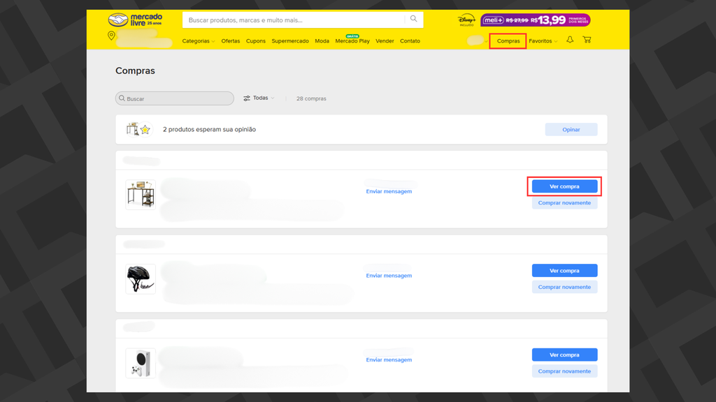 Captura de tela com o procedimento para rastrear compras do Mercado Livre